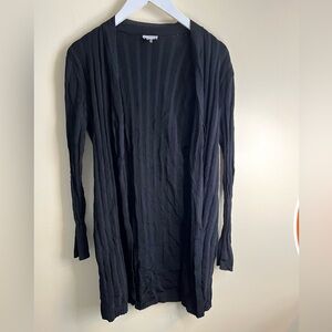 ecru Black Ribbed Open-Front Cardigan Pockets Minimalist Quiet Luxury